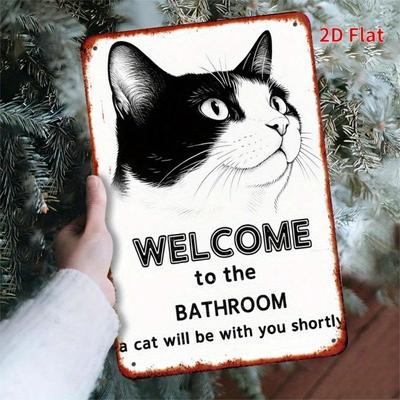 Funny Cat Welcome Sign Bathroom Decor Heavy Duty Metal Art Rustic Home