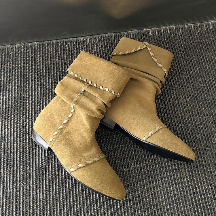 European and American new pointed cats, straps, folds, piles of short boots, flanging one pedal, large size, and more high-heeled boots