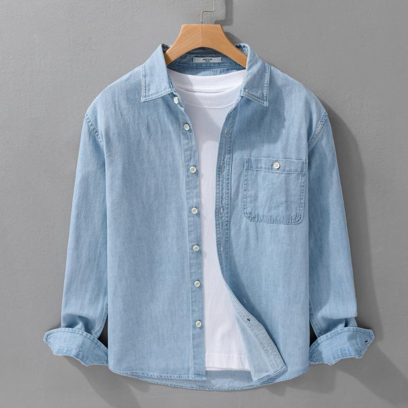 

Мужская джинсовая рубашка в корейском стиле на весну/осень из чистого хлопка - однотонная, универсальная, повседневная, 100% хлопок 9582 L светло-синий