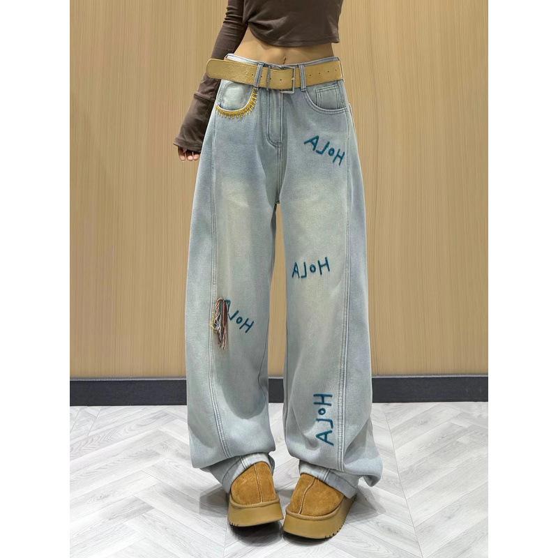 

JYL Unisex Straight Jeans Cartoon Towel Embroidered American High-Street Casual Denim M бурштин