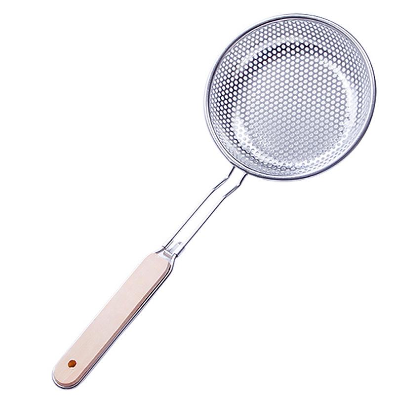 Stainless Steel Skimmer with Wooden Handle - Oil Filter, Mesh Separator, and Hot Pot Strainer for Dumplings and Noodles.