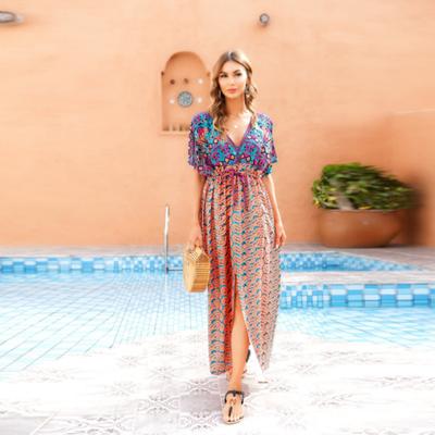 Prikrývky do bikín Bohémska kimonová tunika s potlačou, zelená tunika, dámske plážové oblečenie veľkých veľkostí