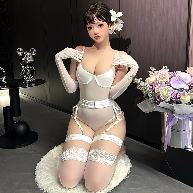European and American fun purple suit, new steel tray mesh see-through onesie with leg rings, love underwear