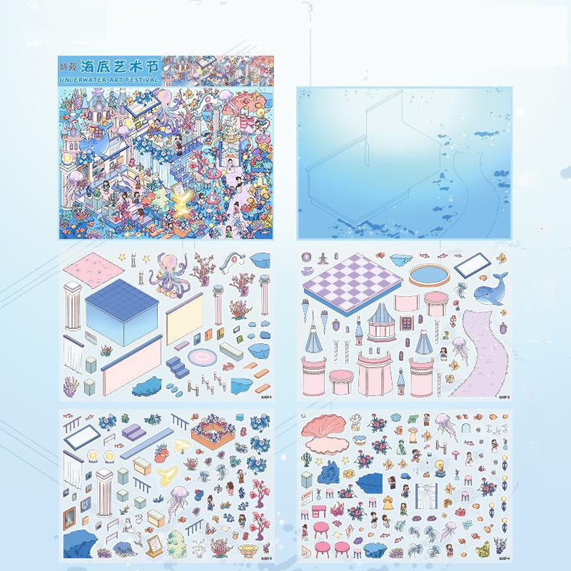 Übergröße Kawaii 3D Inselurlaub Apokalypse Krankenhaus Miniatur-Szenen Aufkleber DIY Scrapbook Stapelbare Landschaftsaufkleber
