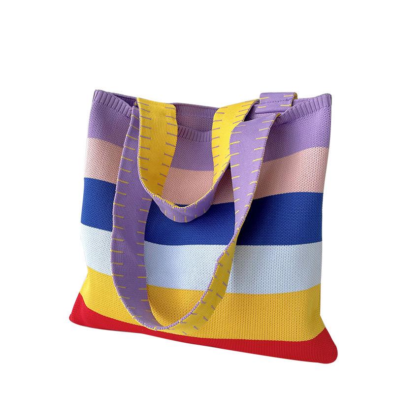 "Rainbow Knit Women's Tote: Large Capacity, Versatile Shoulder Handbag for Spring/Summer"