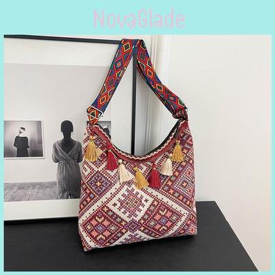 Embroidery Style Tassel Large Capacity Shoulder Bag With Zipper Closure For Daily Use