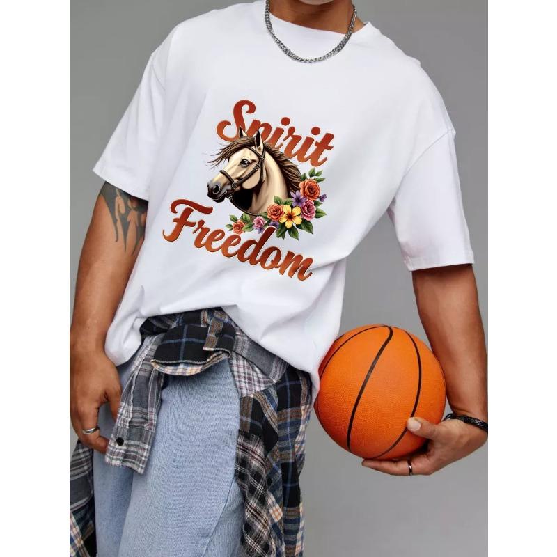 Spirit Freedom Horse Floral Print T Shirt White Men Casual Wear Outdoor Adventure Fashion Statement Top