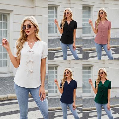 Spring And Summer New Solid Color Short-sleeved Tie Bow Fashionable V-neck T-shirt For Women