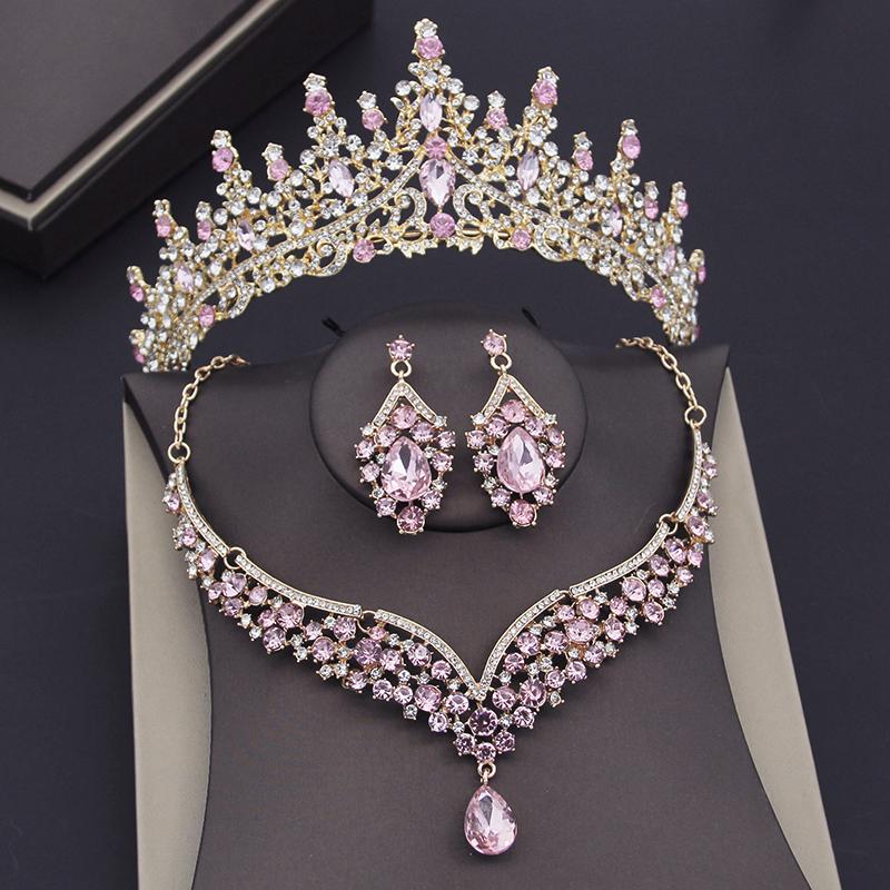 Gorgeous Blue Crystal Wedding Crown Necklace Sets For Women Bridal Jewelry Sets Earrings Prom