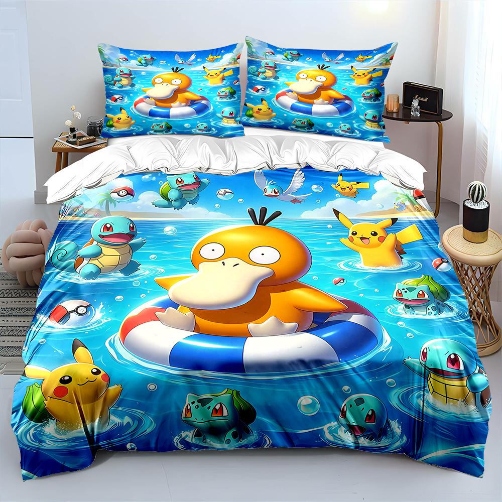 Modern Trendy Japanese Anime Pokemon Psyduck Printed 1 2 Pillowcases Adult and Children Luxury Quilt