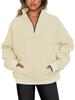 2026 Women's Stand Collar Fleece Hoodie with Pockets, Autumn-Winter Casual Loose Fit, Solid Color Ribbed Top.