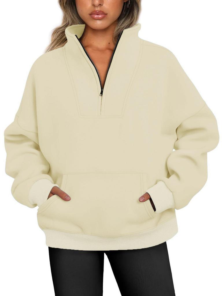2026 Women's Stand Collar Fleece Hoodie with Pockets, Autumn-Winter Casual Loose Fit, Solid Color Ribbed Top.