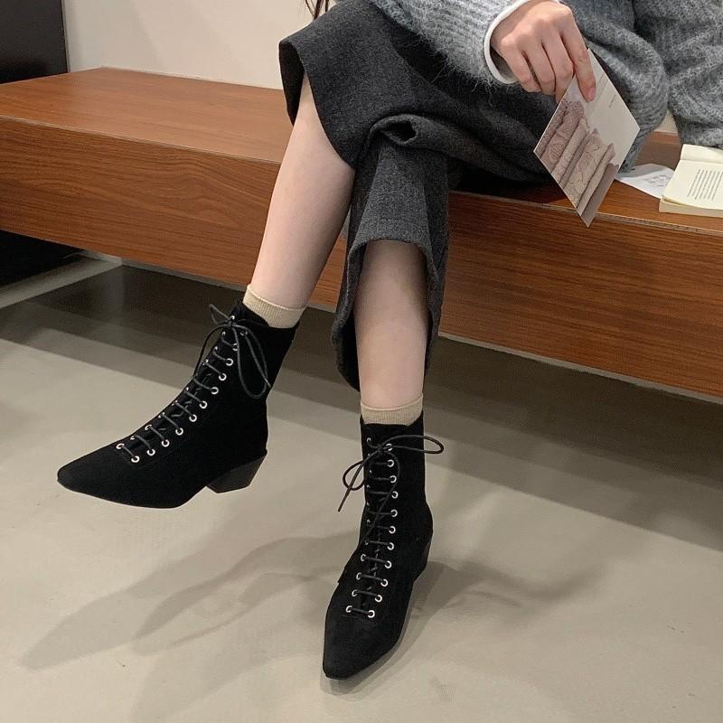 Autumn and Winter New Fashionable Temperament Medium Boots Women's Thick Heel Pointed Leather Strap Punk Style Short Boots