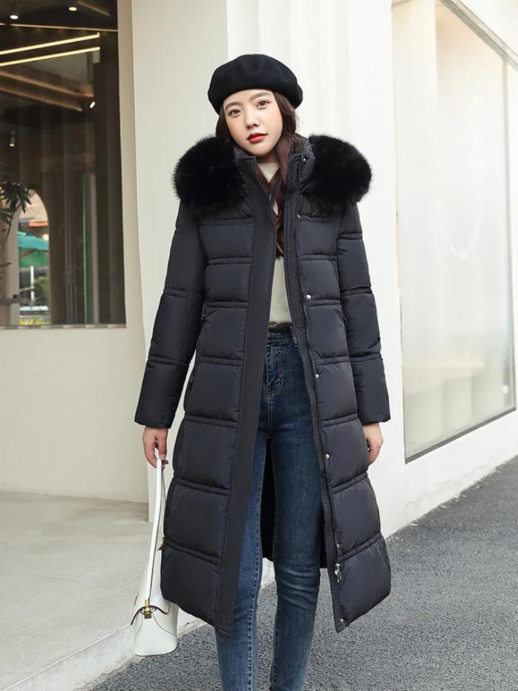 2024 Autumn Winter New Down Cotton Parkas Jacket Women's X-Long Faux Fur Collar Padded Jacket Thick Loose Large Size Padded Jacket