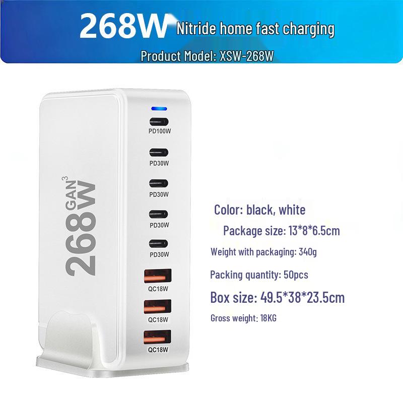 268W Gallium Nitride Multi-Port Charger, 20V/5A Universal for Phones, Tablets, Laptops, and Desktops European Power Cable