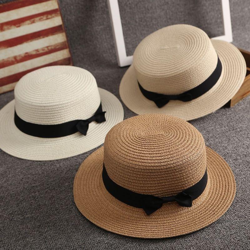 Flat top straw hat women's beach sunscreen bow top hat photo vacation straw weaving simple temperament sun hat