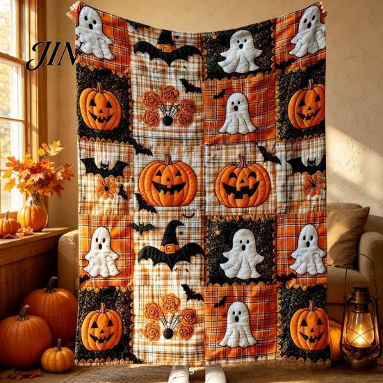 Soft Pumpkin Bat Print Bed Cover & Throw Blanket, Halloween Cozy Flannel Decorative Bedding Plaid for Couch Sofa Bed, Fall Home Decor