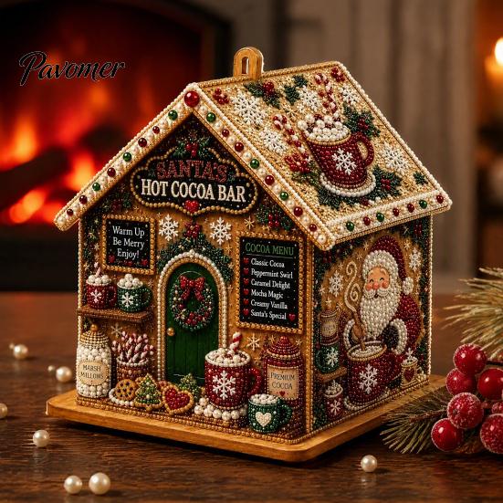 DIY Holiday Craft Set 3D House Christmas Faux Pearl Art Kit, Handmade Rhinestone Painting Kit Relaxing Activities for Adults Adults, Tabletop