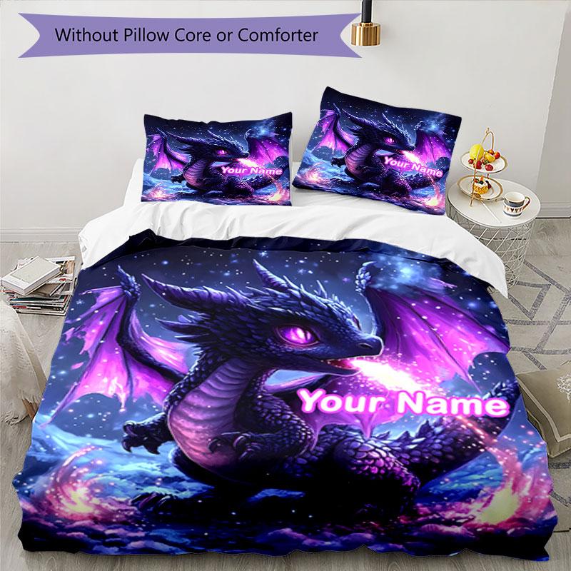3PC Custom Name Purple Dragon Fantasy Bedding Set Duvet Cover Closure Includes 1 Duvet Cover & 2 Pillowcases for Bedroom