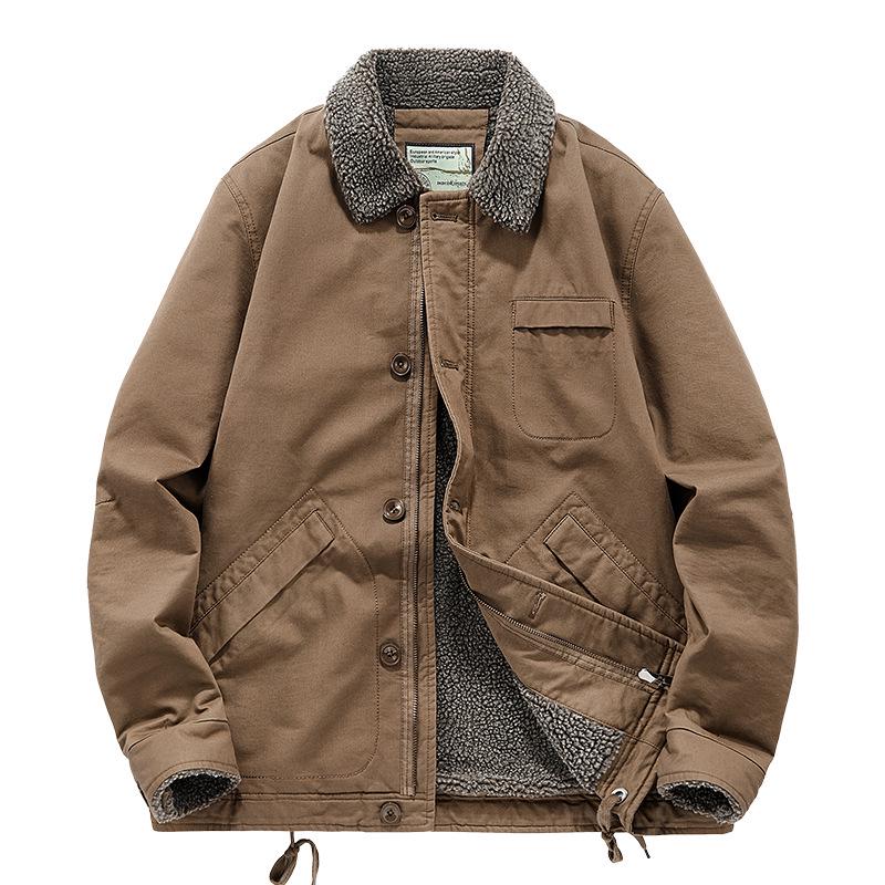 Men's Winter Fleece-Lined Lapel Military Jacket - Loose Fit Lambswool Coat