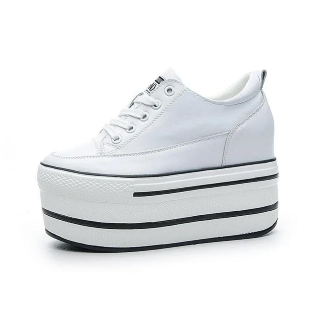 Toamnă 10,5 cm Toc Gros Platformă Balerini Femei Pantofi Casual Piele Naturală Calitate Moale Pantof Casual Adidași Alb Negru