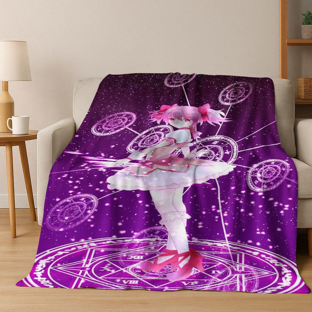 Cartoon Puella Magi Madoka Magica Girl Anime Art Flannel Blanket,Cozy Soft Throw Blanket for Home Bedroom Bed Sofa Cover Kids