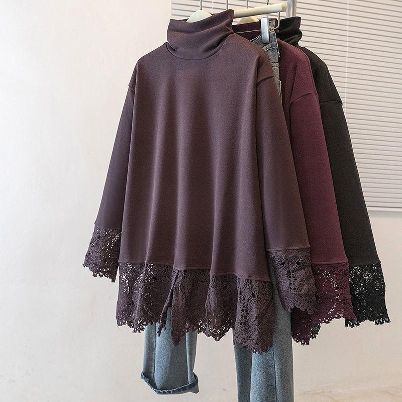 Plus Size German Velvet Lace Long Sleeve High Neck Top - Women's Slimming Autumn Winter Outerwear Shirt