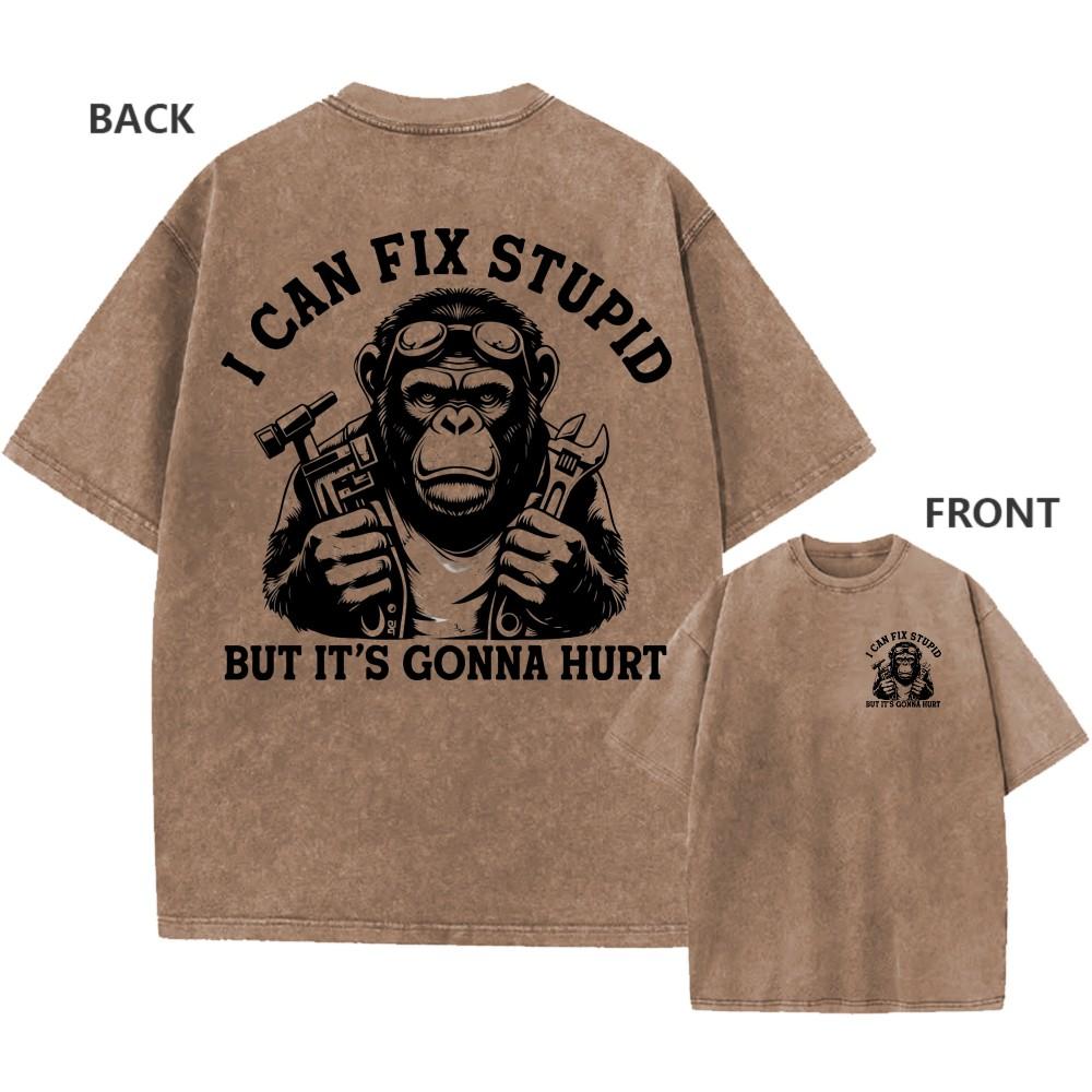 Retro Washed Oversized TShirt I Can Fix Stupid Mechanic Gorilla Unisex Tee XL