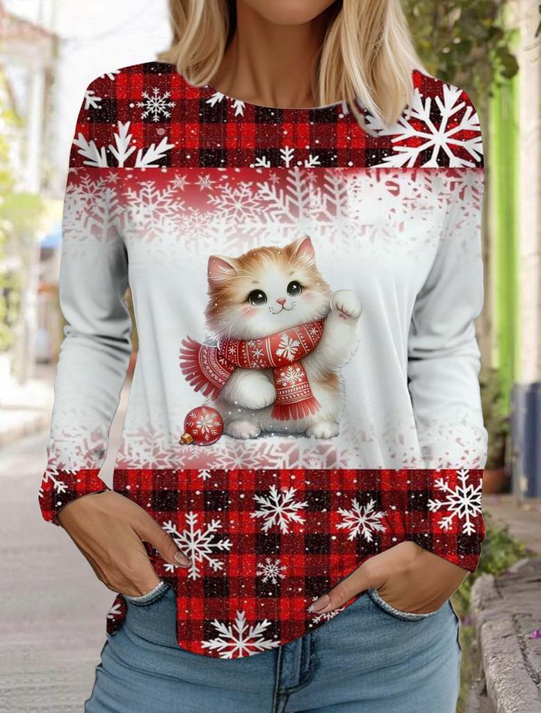 Christmas Cute Animal Cat Women's Long Sleeves T-Shirt Round Neck Long Sleeved Autumn Clothing Holiday Fashion Party T-Shirt