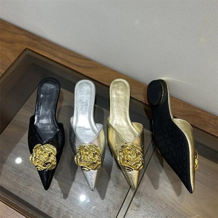 Fashion Women Flats Slippers Pointed Toe Elegant Mules Shoes Fad Slingback Sandals 2025 Summer New Luxury Flip Flops Mujer Slides