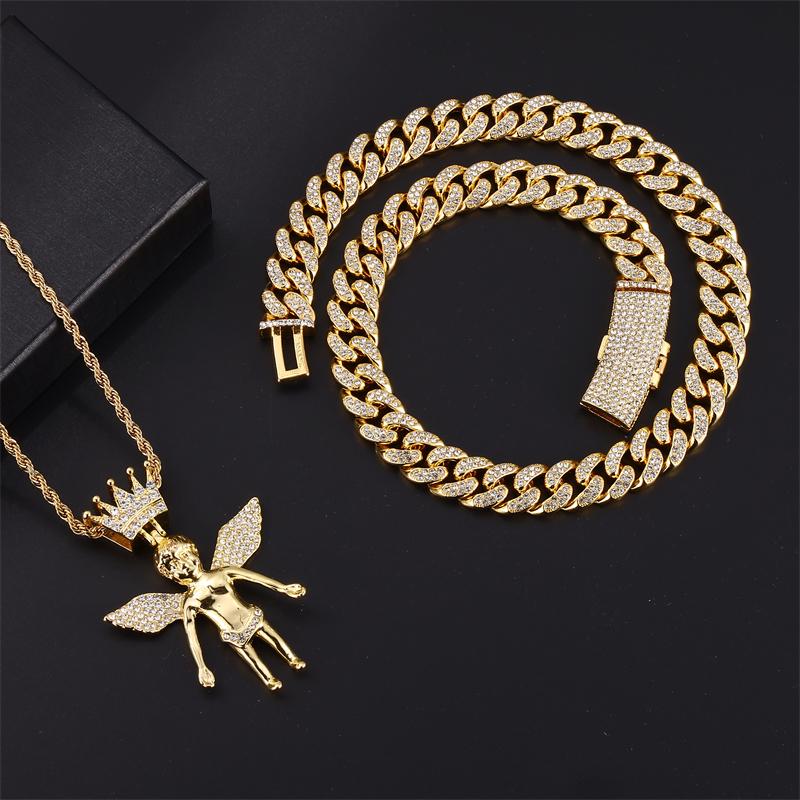 

Хип-хоп Bling Iced Out подвески с крыльями ангела кубинское ожерелье-цепочка для женщин и мужчин блестящее ожерелье рэперы металлические украшения