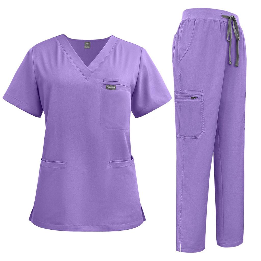 Women's Short Sleeved Solid Color V Neck Pocket Top Pants Work Clothes Two Piece Set