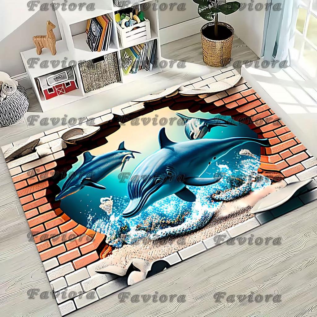 27 Style 3D Illusion Sea Underwater World Dolphin Rug for Bedroom Living Room Sofa Home Doormat Decor, Kids Non-slip Floor Mat