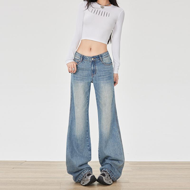 American retro micro-pull jeans women's autumn new design low waist loose and thin flared pants
