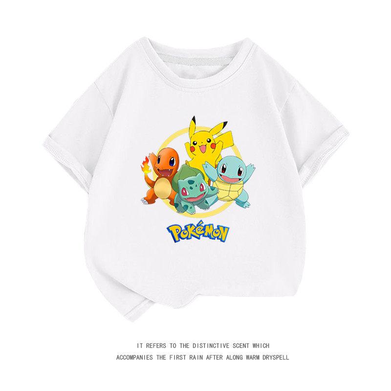 Summer New PokémonPikachu Shortsleeved Tshirt for Boys and Girls Middlesized and Largesized Cartoon Casual Top Trendy Design