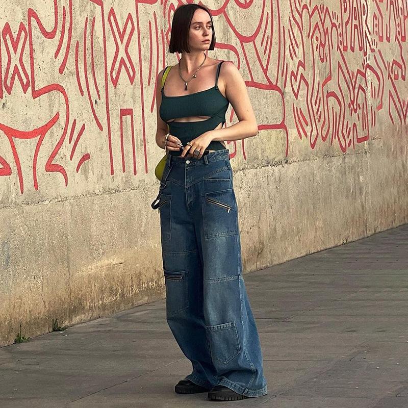 Autumn High Waist Button Up Straight Pants Retro Baggy 90s Denim Cargo Pants Fashion Vintage Harajuku Streetwear Jeans Women