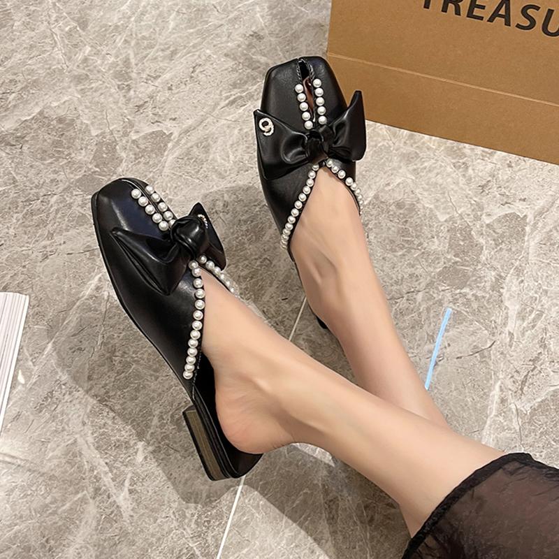 Női balerinacipők Gyöngyös papucsok Új trend Tavaszi masnis szandálok Alkalmi női pántos papucsok Négyzetorrú papucsok Femme