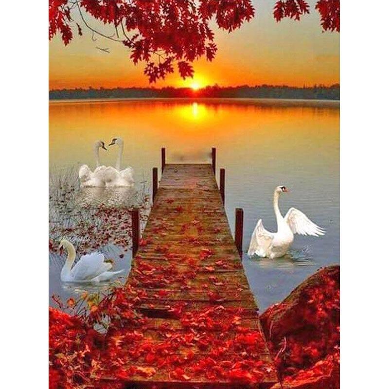 5D DIY Diamond Painting Dusk View Diamond Embroidery Swan Animal Cross Stitch Full Round Drill Manual Art Home Decor Gift