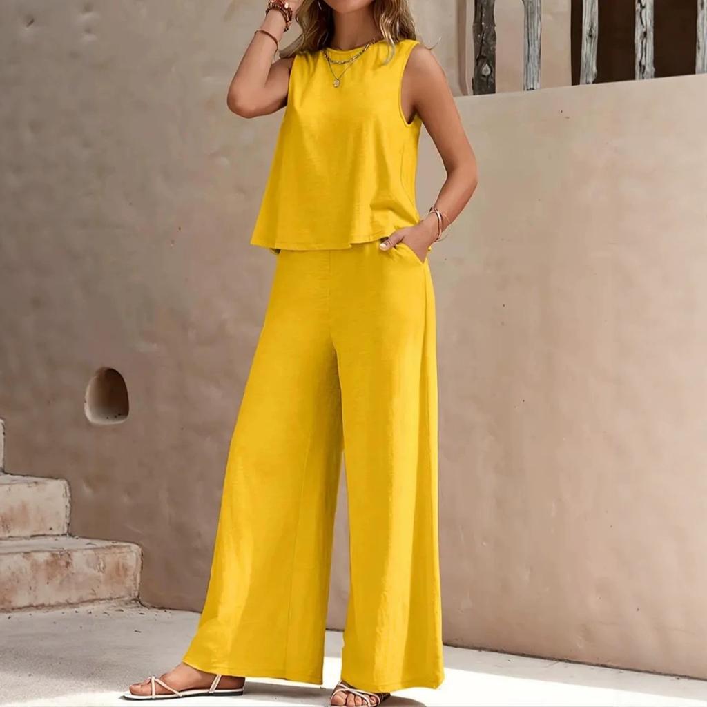 Women's Round Neck Sleeveless Tank Top and Wide Leg Pants 2 Piece Casual Set