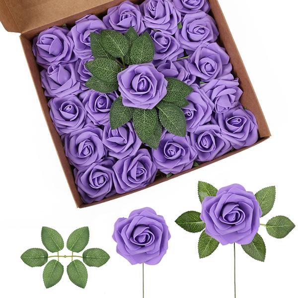 25Pcs Artificial Rose Foam Rose Fake Rose with Stem DIY Wedding Bouquet Bridal Shower Centerpiece Party Decoration Holiday Gift Floral Arrangements