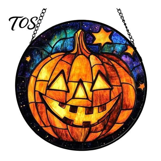 Lightweight Party Signs Halloween Stained Glass Suncatcher Ornament, Vintage Hanging Window Decor with Pumpkin Ghost Bat Witch Waterproof Porch