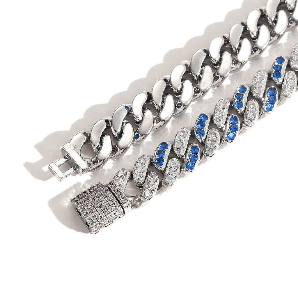 12mm Micro Inlaid Sea Blue White Zircon Silver Plated Brass Cuban Bracelet Trendy Hip Hop Anniversary Accessory