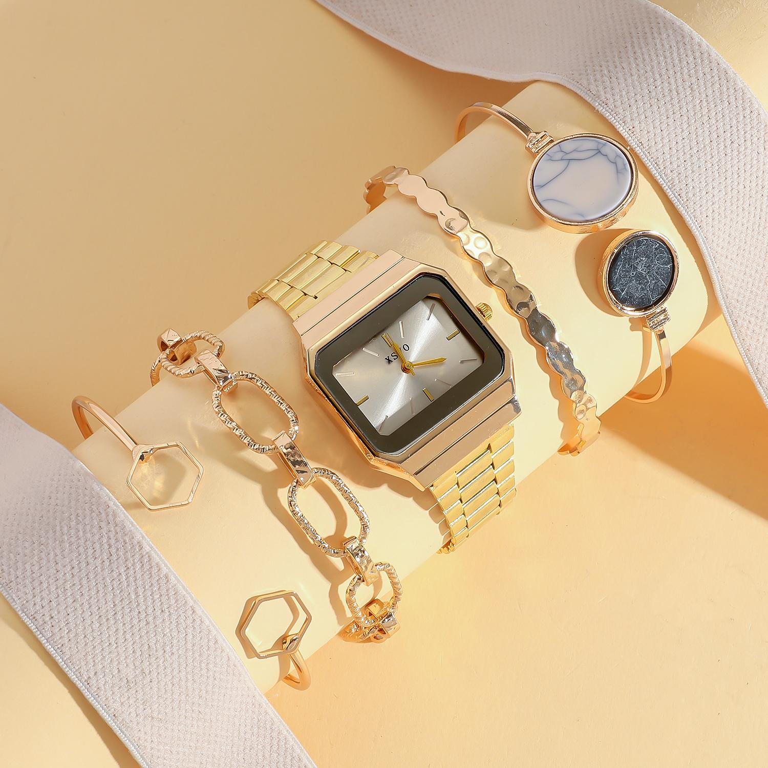 

5-piece set of minimalist commuting quartz watch strap and mother of pearl bracelet with square large dial without gift box золотой