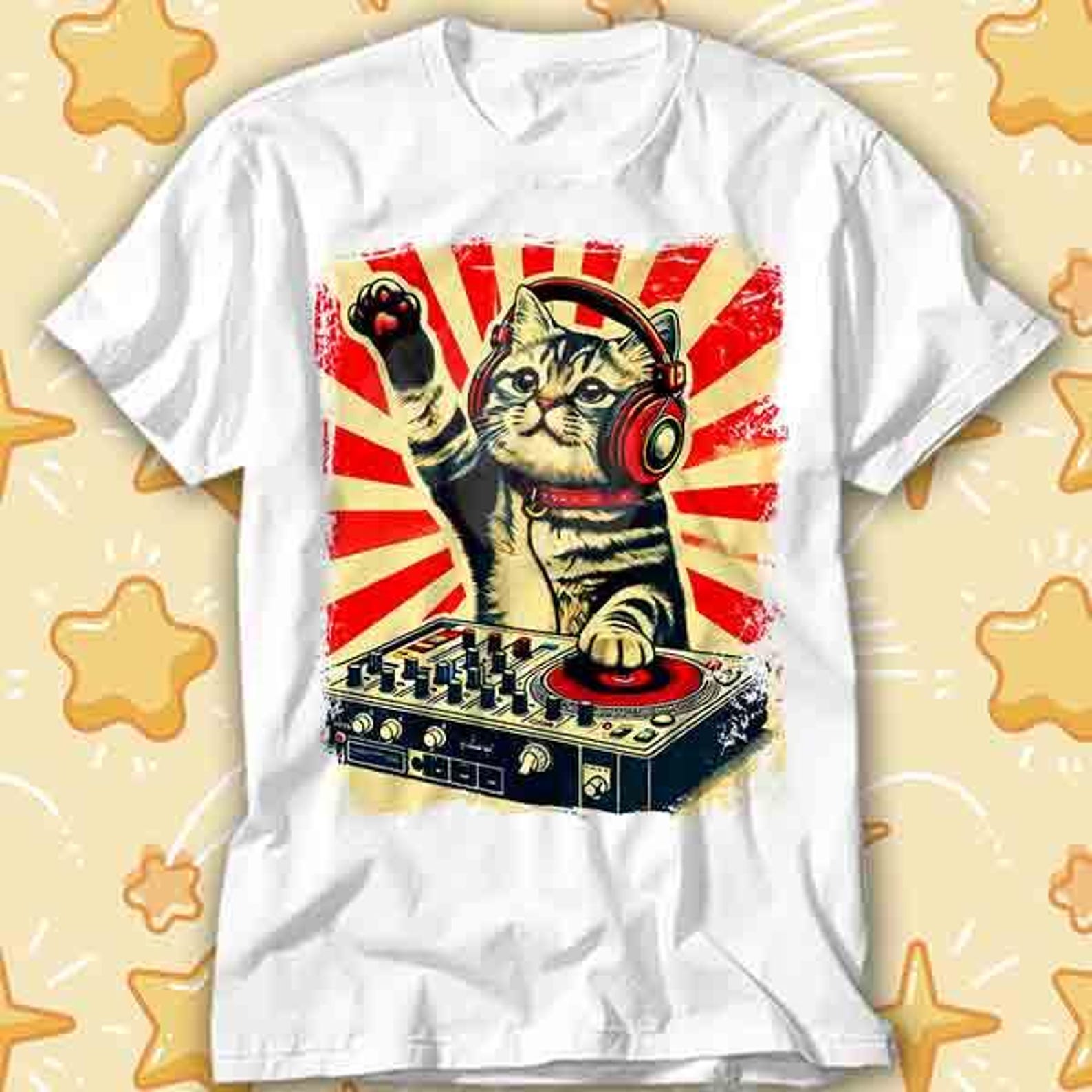 DJ Cat Cool Black Cat Kitty Lovers With Headphones T-Shirt 411 L
