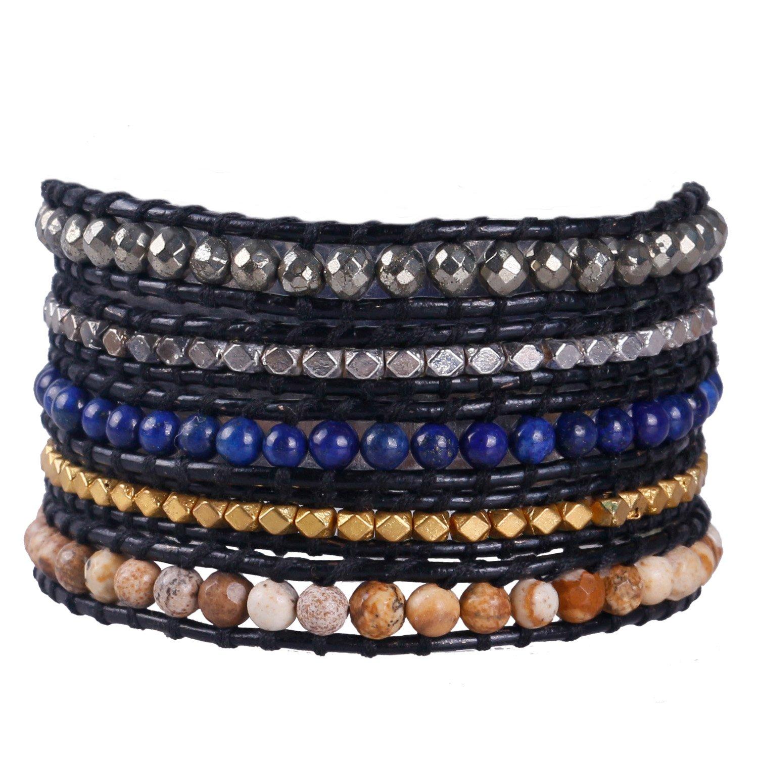 KELITCH Handmade Crazy Agate Gems Silver Beads 5-Wrap Bracelet with Natural Leather - New Joely (Blue)