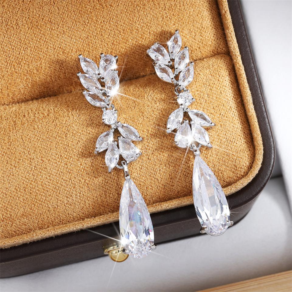 ZAKOL White Zircon Leaf Dangle Earrings for Women Shinny Water Drop Crystal Flower Pendant Earring Bridal Wedding Zircon