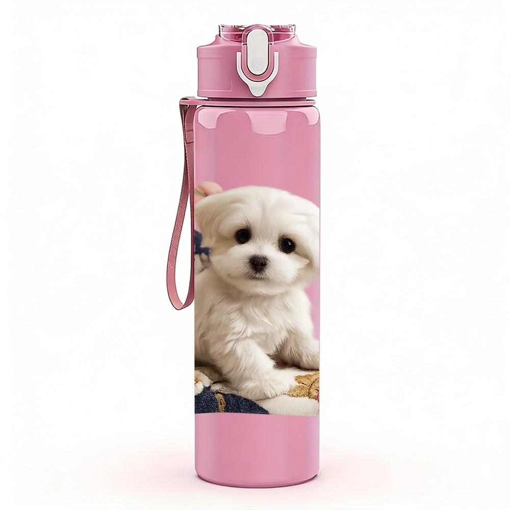 1PC Tiny Puppy Wearing Clothes 750ml Color Plastic Sports Water Bottle Leakproof Flip Straw Lid Suitable for Sports Office Home Use