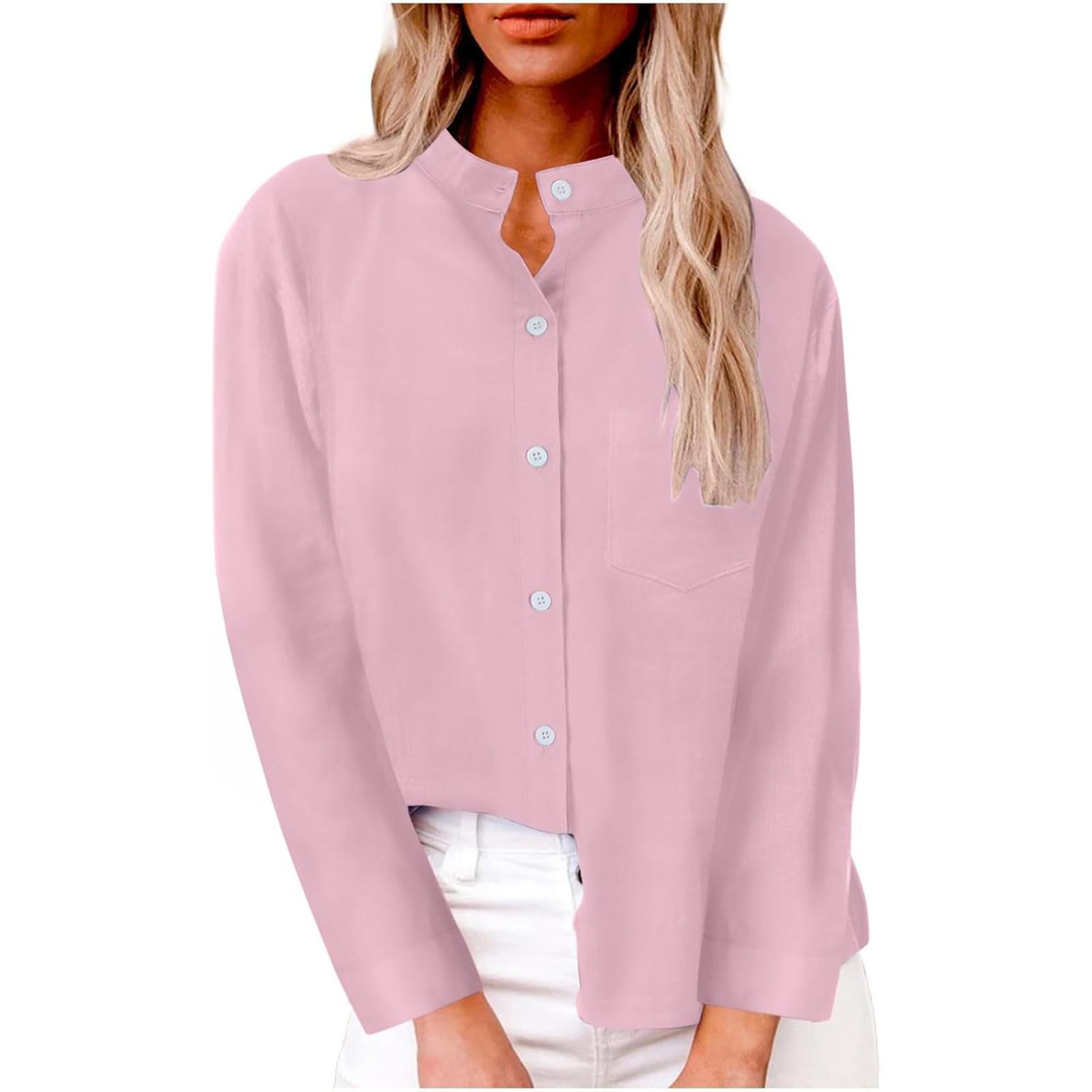 

Женская однотонная толстовка с воротником-стойкой, рукав три четверти, длинный рукав, круглый вырез, карманная рубашка, топ M розовый