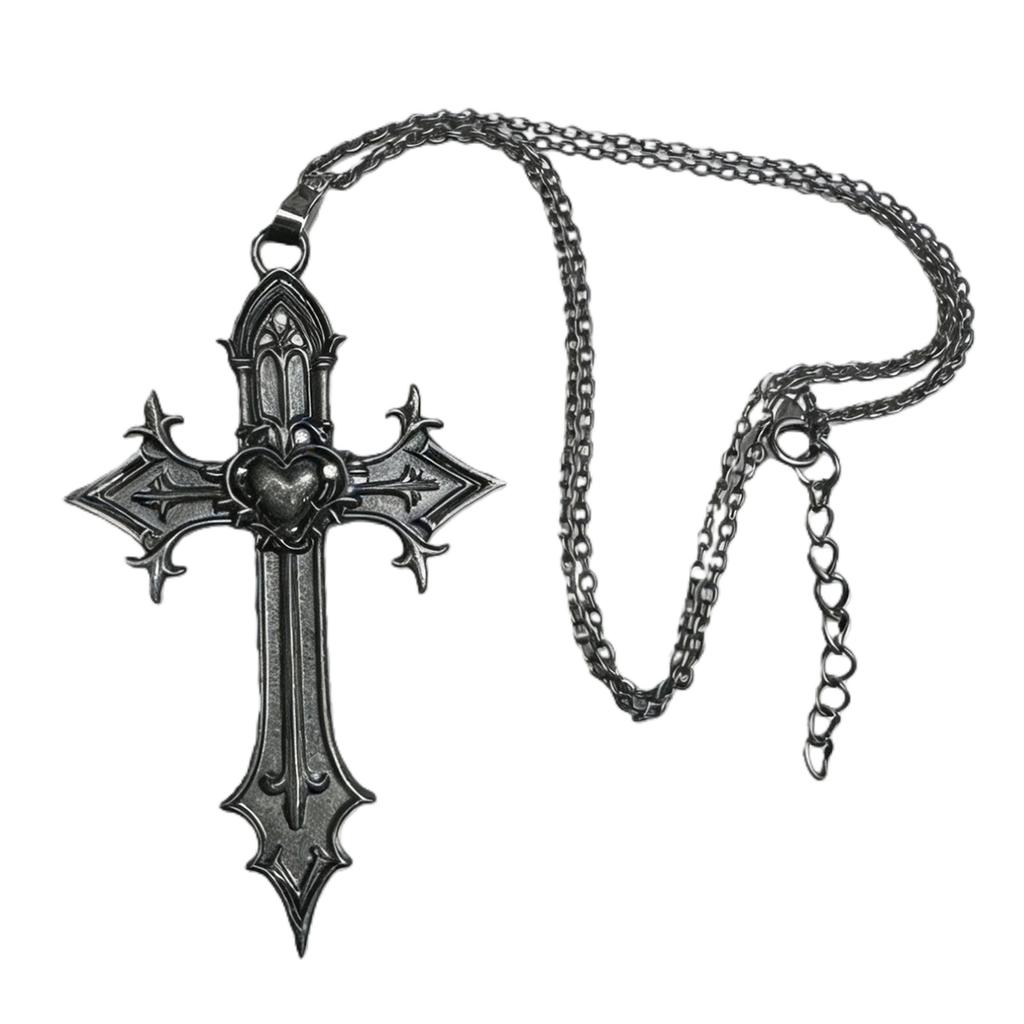 Stylish Gothic Inspire Necklace With Intricate Crosses And Heart Detail