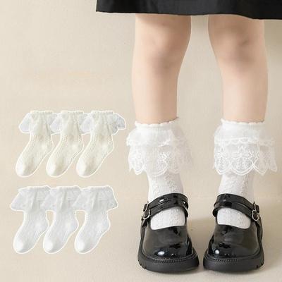 3 Çift/Set Beyaz Dantel Kenarlı Kız Çocuk Çorapları Saf Pamuk Prenses Çorapları Çocuklar İçin Yumuşak Bej Renk Okul Lolita Baldır Çorapları Küçük Çocuklar İçin